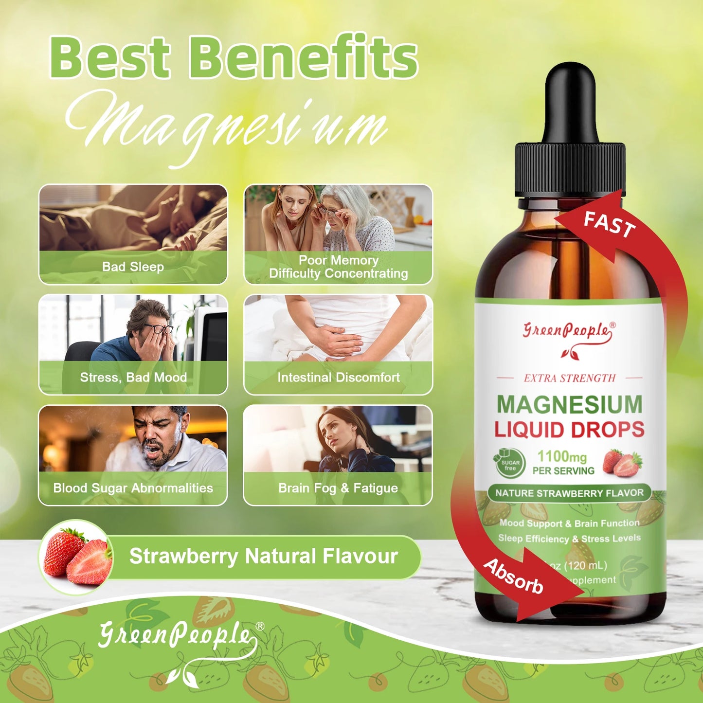 Greenpeople 120ML Strawberry Flavor Magnesium Drop Sleep & Immunity Support Help Sleep Relieve Stress & Mood Faster Absorption