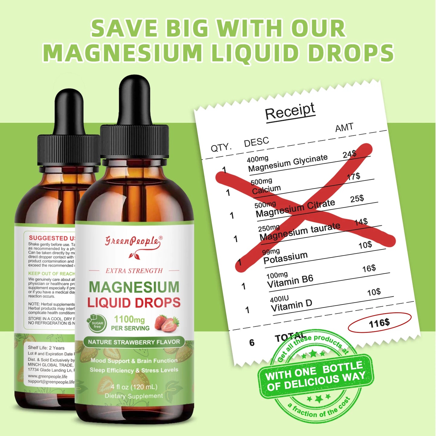 Greenpeople 120ML Strawberry Flavor Magnesium Drop Sleep & Immunity Support Help Sleep Relieve Stress & Mood Faster Absorption