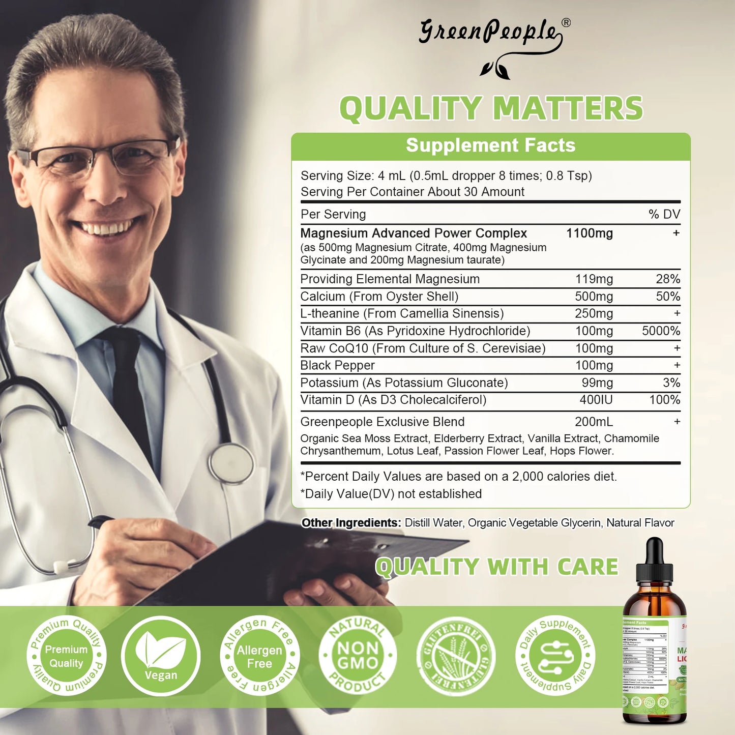 Greenpeople 120ML Strawberry Flavor Magnesium Drop Sleep & Immunity Support Help Sleep Relieve Stress & Mood Faster Absorption
