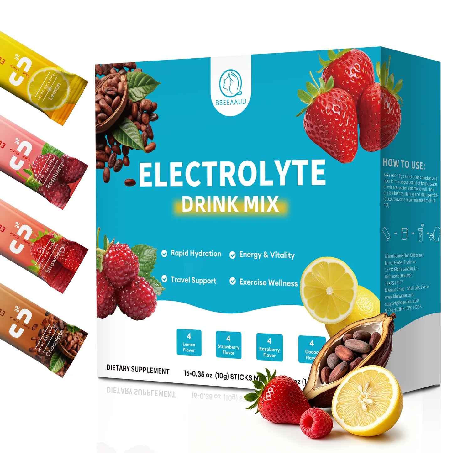 BBEEAAUU Sugar Free & 0 Calories Electrolyte Powder Mixture Electrolyte Drinks Quickly Hydrate Provide Endurance & Energy Support