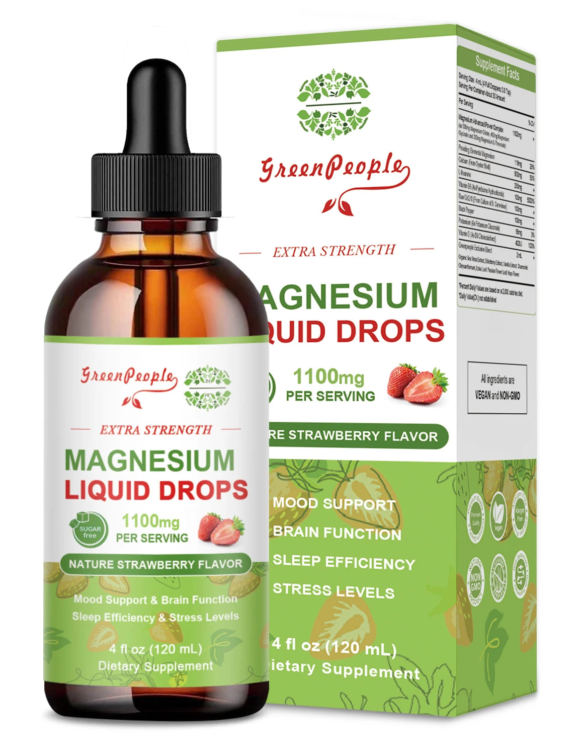 Greenpeople 120ML Strawberry Flavor Magnesium Drop Sleep & Immunity Support Help Sleep Relieve Stress & Mood Faster Absorption