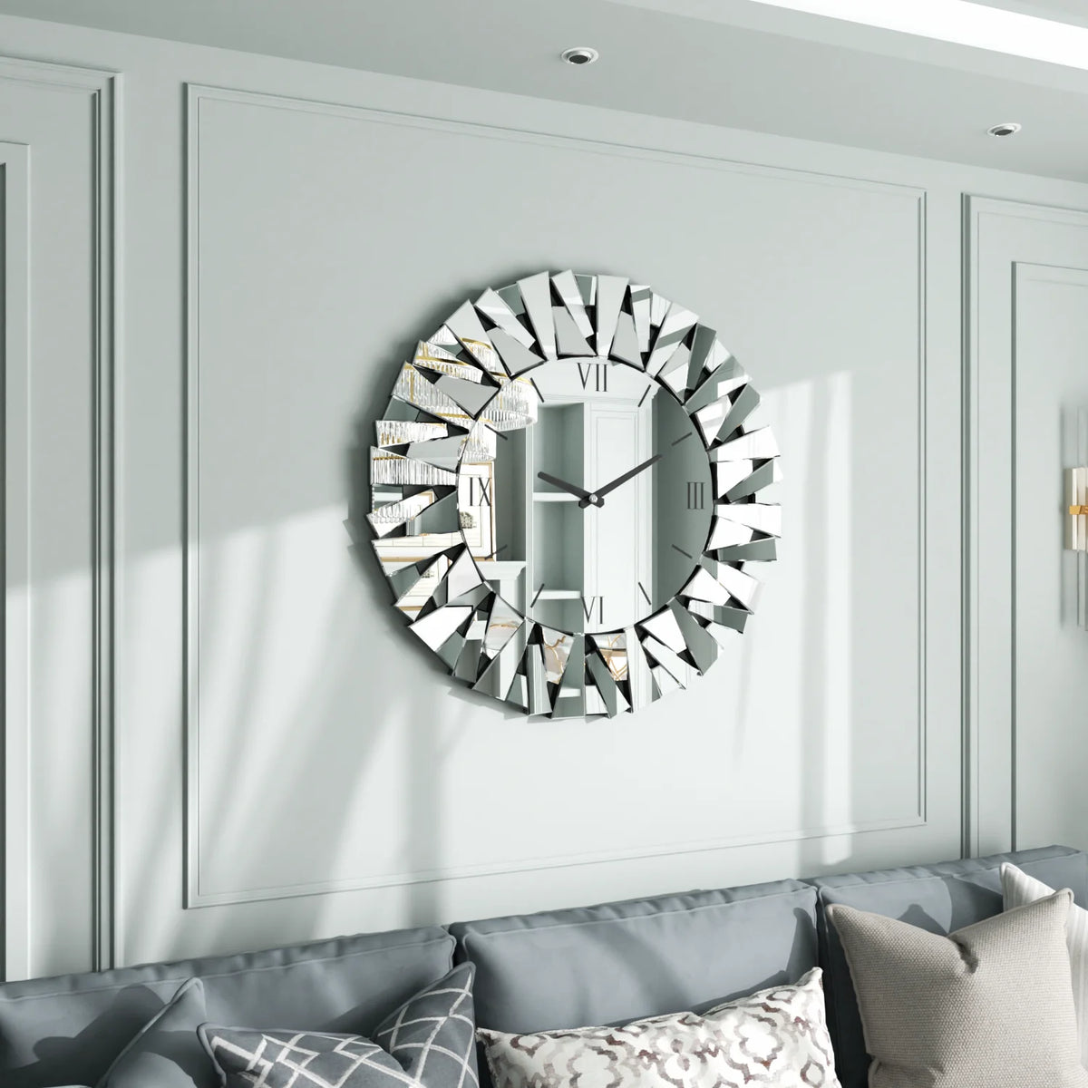 80CM Large Wall Clock for Living Room Bedroom Fireplaces Decor Round Beveled Glass Edge Mirrored Wall Clock Silent Movement