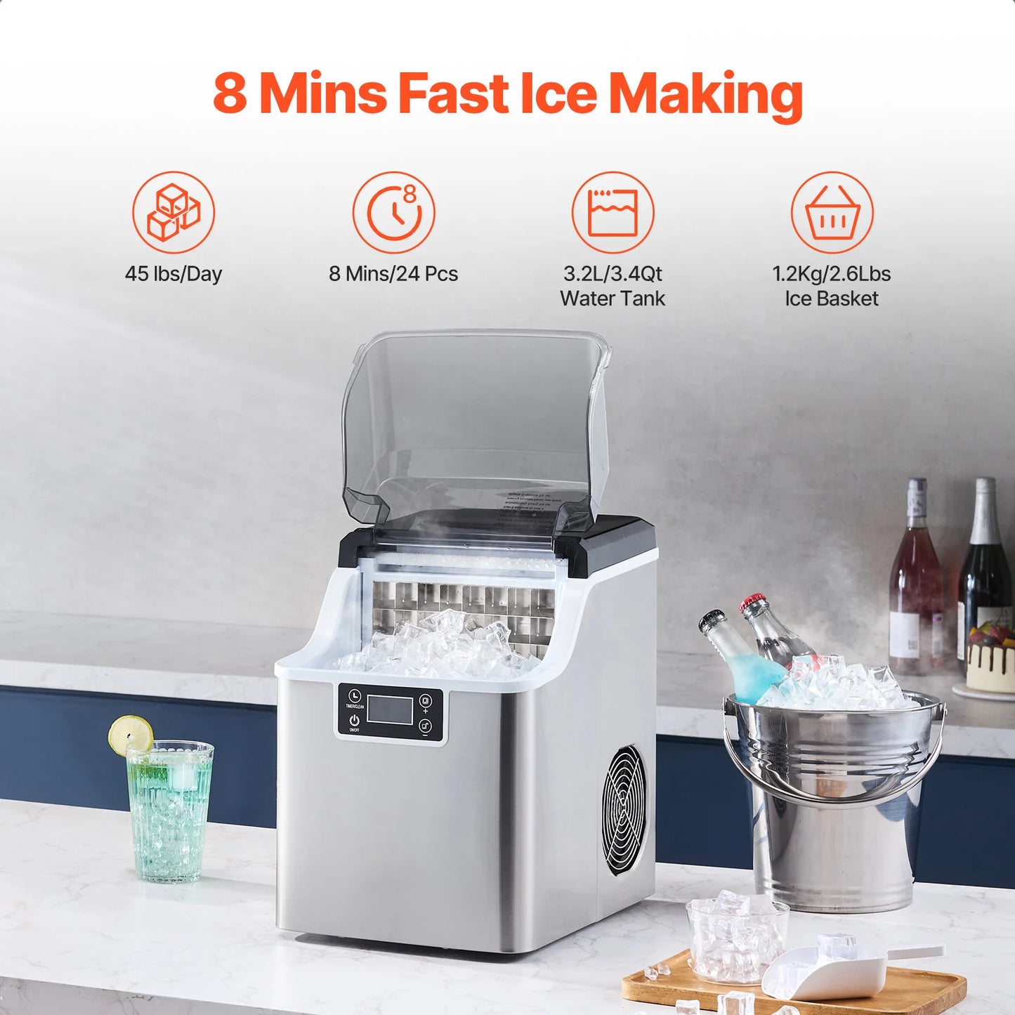 SucceBuy Countertop Ice Maker 24/32 Cubes Ready in 15 Mins 45/46 lbs in 24Hrs Self-Cleaning Portable Ice Maker for Home Office
