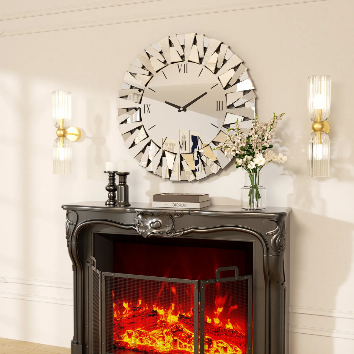 80CM Large Wall Clock for Living Room Bedroom Fireplaces Decor Round Beveled Glass Edge Mirrored Wall Clock Silent Movement
