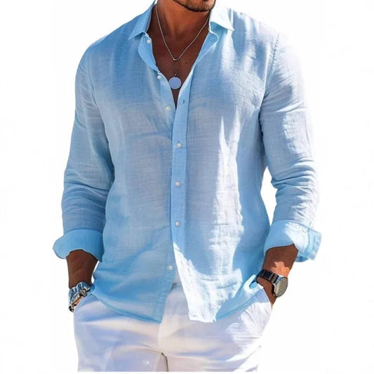 Men's Summer Long Sleeve Shirt Casual Beach Vacation Button Down Top Lightweight Breathable Solid Color Men Shirts
