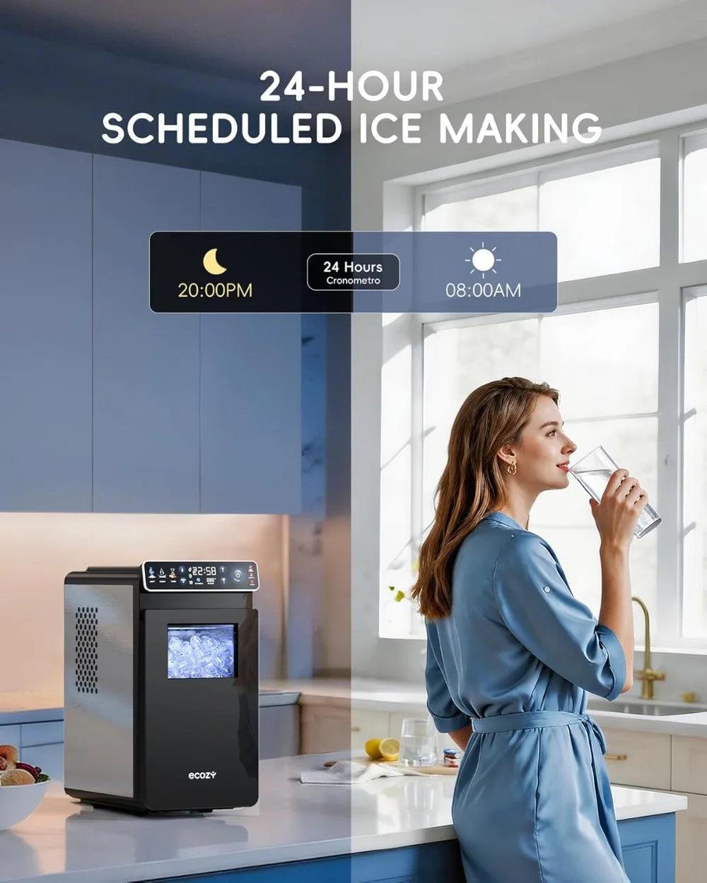 Ice Maker Countertop, Ultra Slim with Full-Color Panel, 26 lbs/24H, Timer, Two Ice Sizes, Self-Cleaning for Home/Kitchen/RV