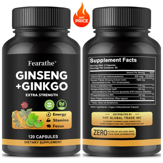 Panax Ginseng + Ginkgo Biloba Complex Capsules - Traditionally Used to Boost Energy Memory and Focus for Men and Women