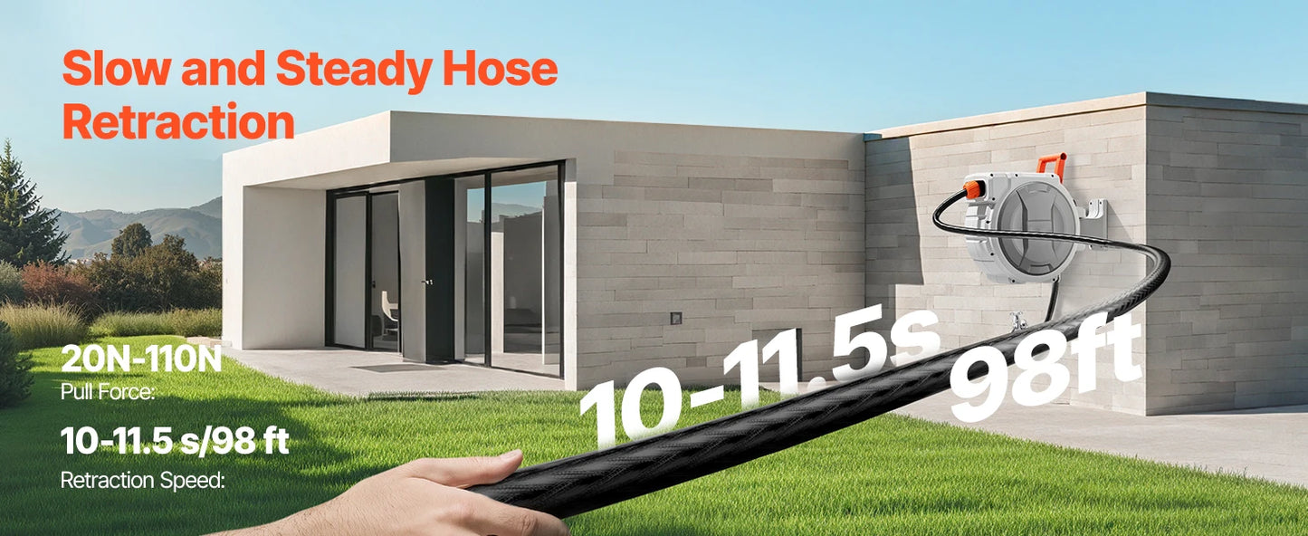 SucceBuy Retractable Garden Hose Reel Wall Mounted Hose Reel Heavy Duty Garden Hose Reel with 9Pattern Nozzle 180°Swivel Bracket