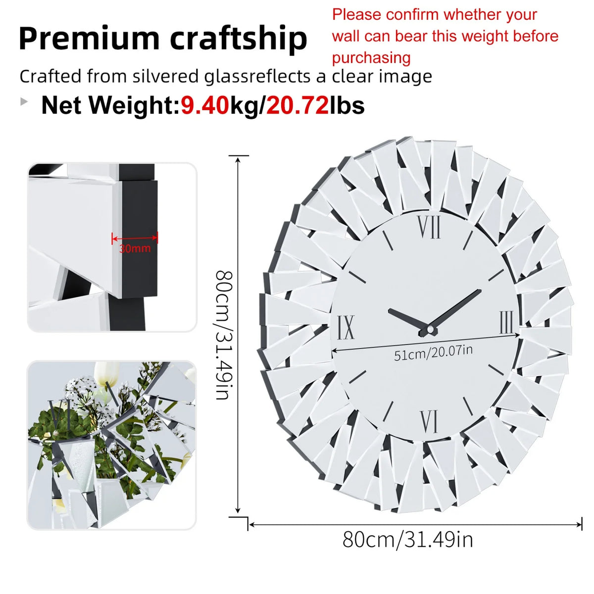 80CM Large Wall Clock for Living Room Bedroom Fireplaces Decor Round Beveled Glass Edge Mirrored Wall Clock Silent Movement
