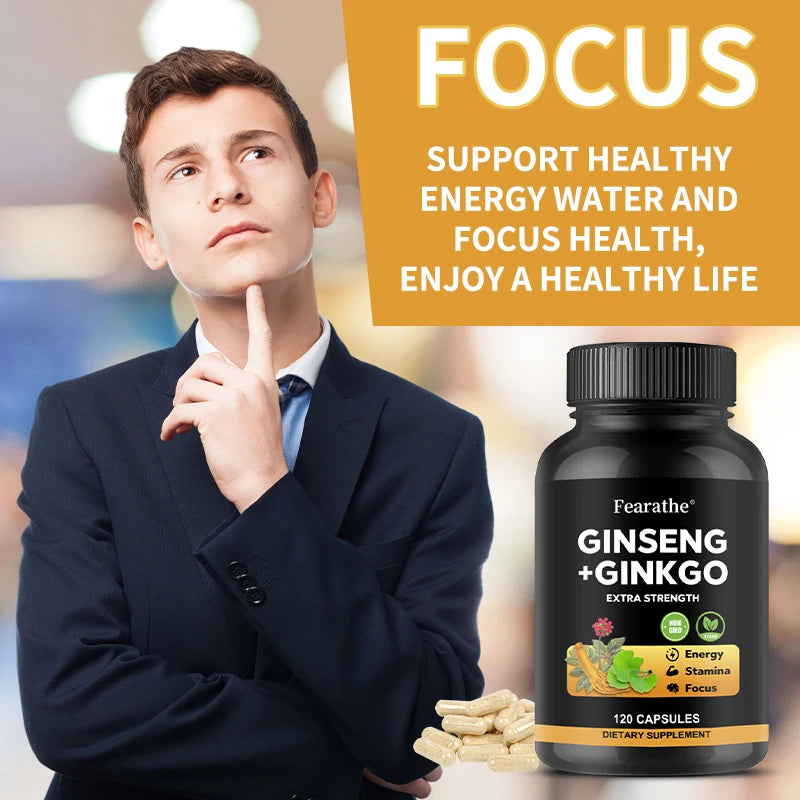 Panax Ginseng + Ginkgo Biloba Complex Capsules - Traditionally Used to Boost Energy Memory and Focus for Men and Women