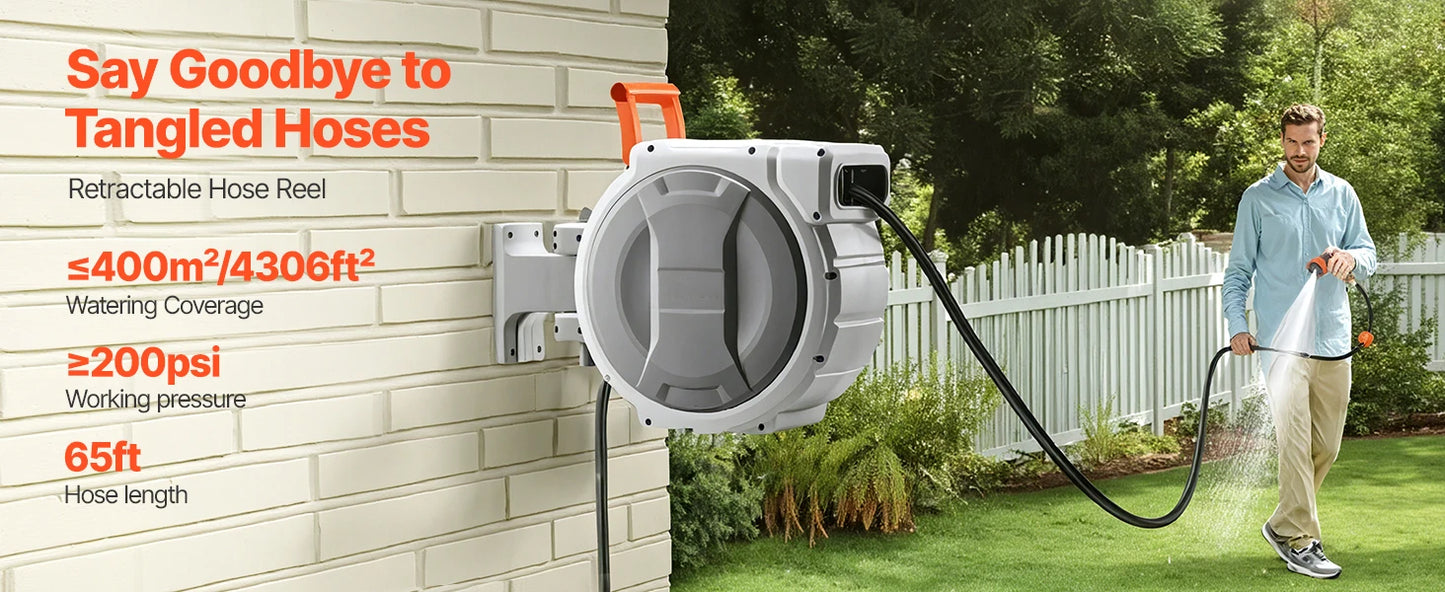 SucceBuy Retractable Garden Hose Reel Wall Mounted Hose Reel Heavy Duty Garden Hose Reel with 9Pattern Nozzle 180°Swivel Bracket