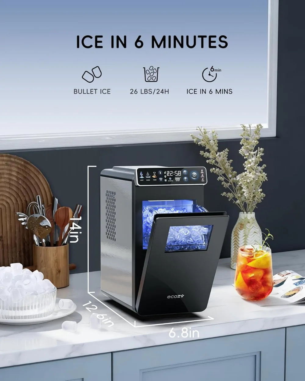 Ice Maker Countertop, Ultra Slim with Full-Color Panel, 26 lbs/24H, Timer, Two Ice Sizes, Self-Cleaning for Home/Kitchen/RV